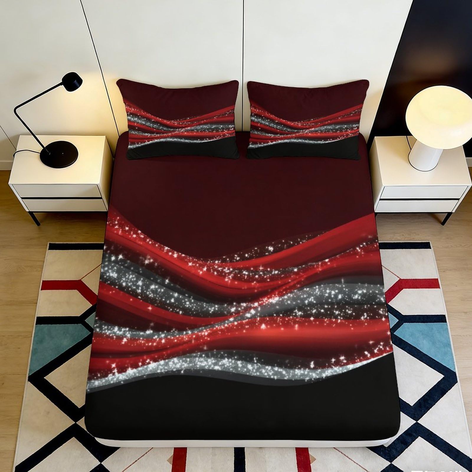 3D Printed Black Red Geometric Fitted Sheet Microfiber Soft, Mattress Cover for Bedroom, Dorm Room, Rental Apartment, Easy Care 90x200x25cm