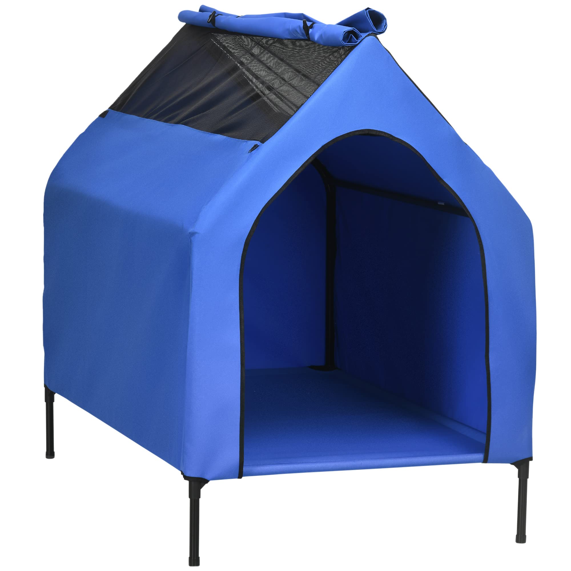 PawHut Caseta para Perros 130x85x121 cm Cama Elevada para Mascotas con Cubierta Desmontable y Ventanas de Malla para Perros Grandes y Extra Grandes Azul