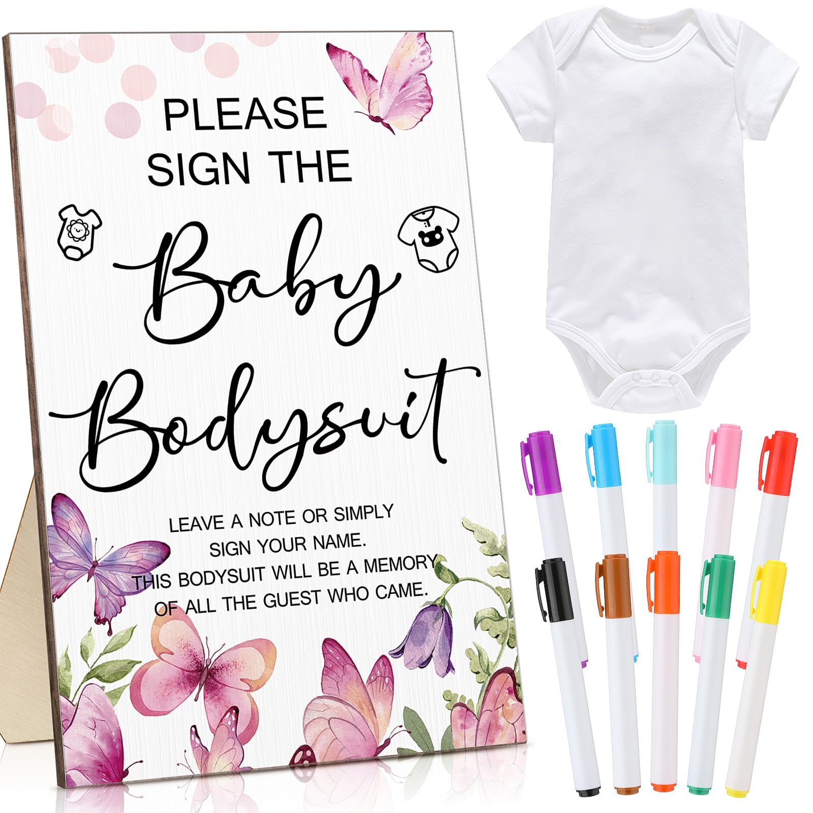 Qunclay 12 Pcs Baby Shower Game Decor with White Unisex Bodysuit Wooden Sign Tabletop Decor and Marker for Guests(Butterfly)