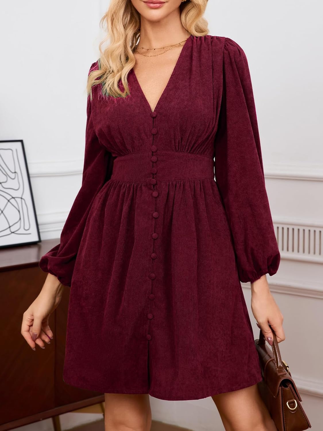 Women Corduroy Mini Dress V Neck A-Line Button Up Puff Sleeve Winter Fall Spring Dresses for Women - Image 5