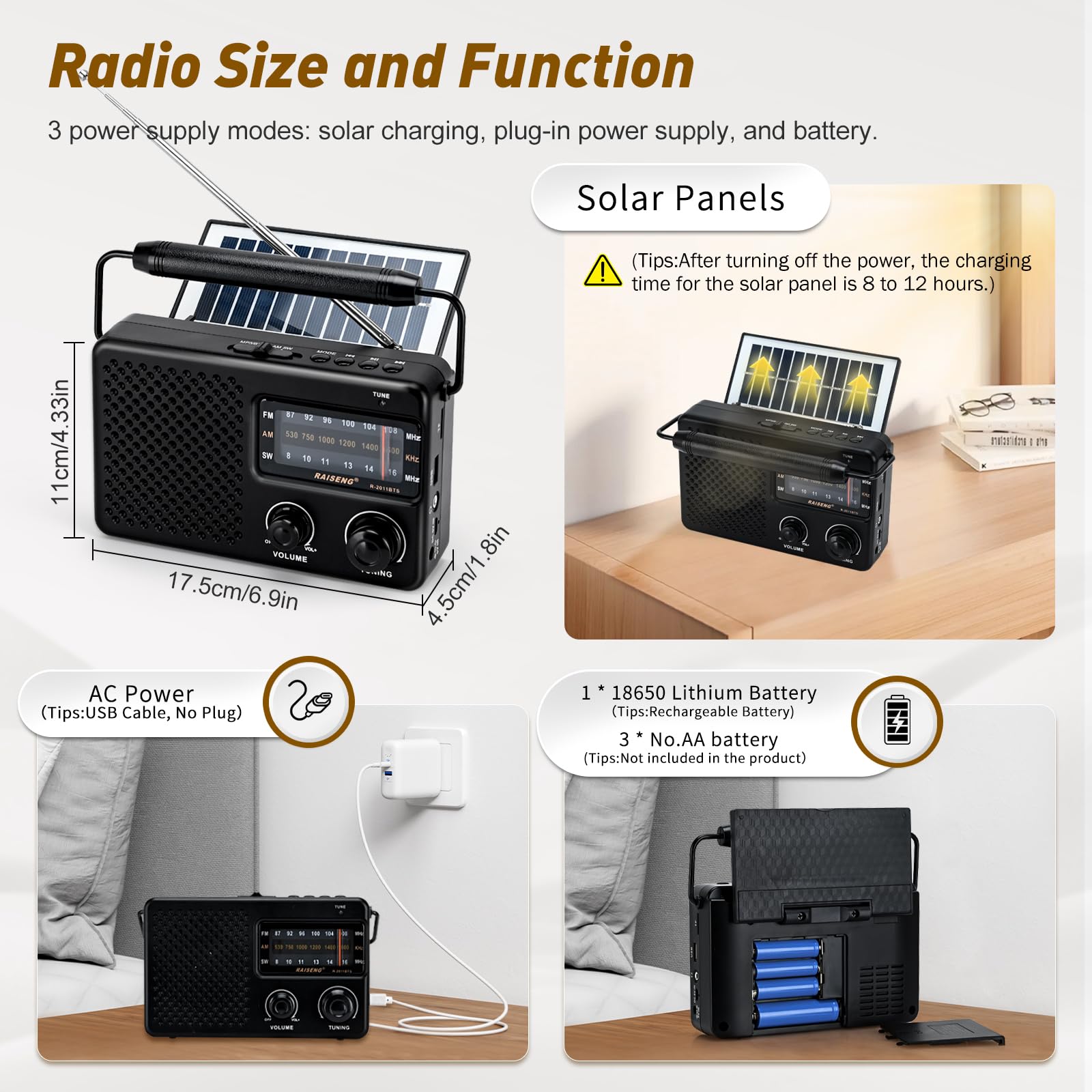 Radio portátil con Bluetooth y energía Solar - Radio Recargable FM/Am/SW, Reproducción USB/TF, Sonido Hi-Fi, Tamaño de Bolsillo para el Aire Libre, Viajes, Uso doméstico (Negro)