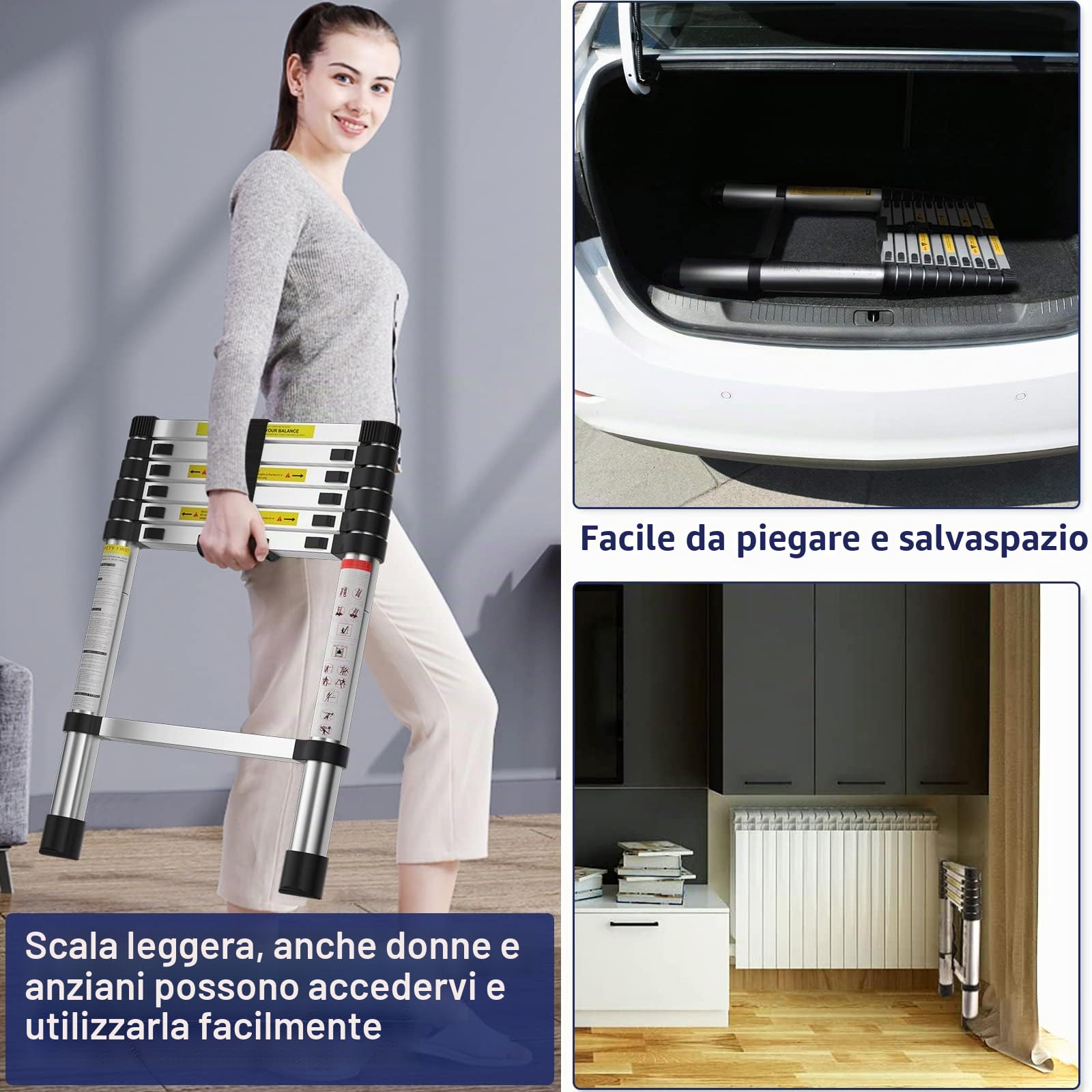 MGENLONG Scale di estensione da 6,6 FT, scale pieghevoli leggere, scale telescopiche in alluminio per casa, scala telescopica pieghevole per camper, soffitta, uso quotidiano a casa, capacità 330 lb..