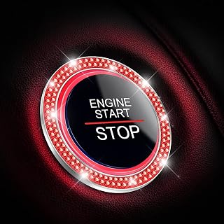 Car Bling Crystal Rhinestone Engine Start Ring Decals, 2 Pack Car Push Start Button Cover/Sticker, Key Ignition Knob Bling Ring, Sparkling Car Interior Accessories for Women (Red)