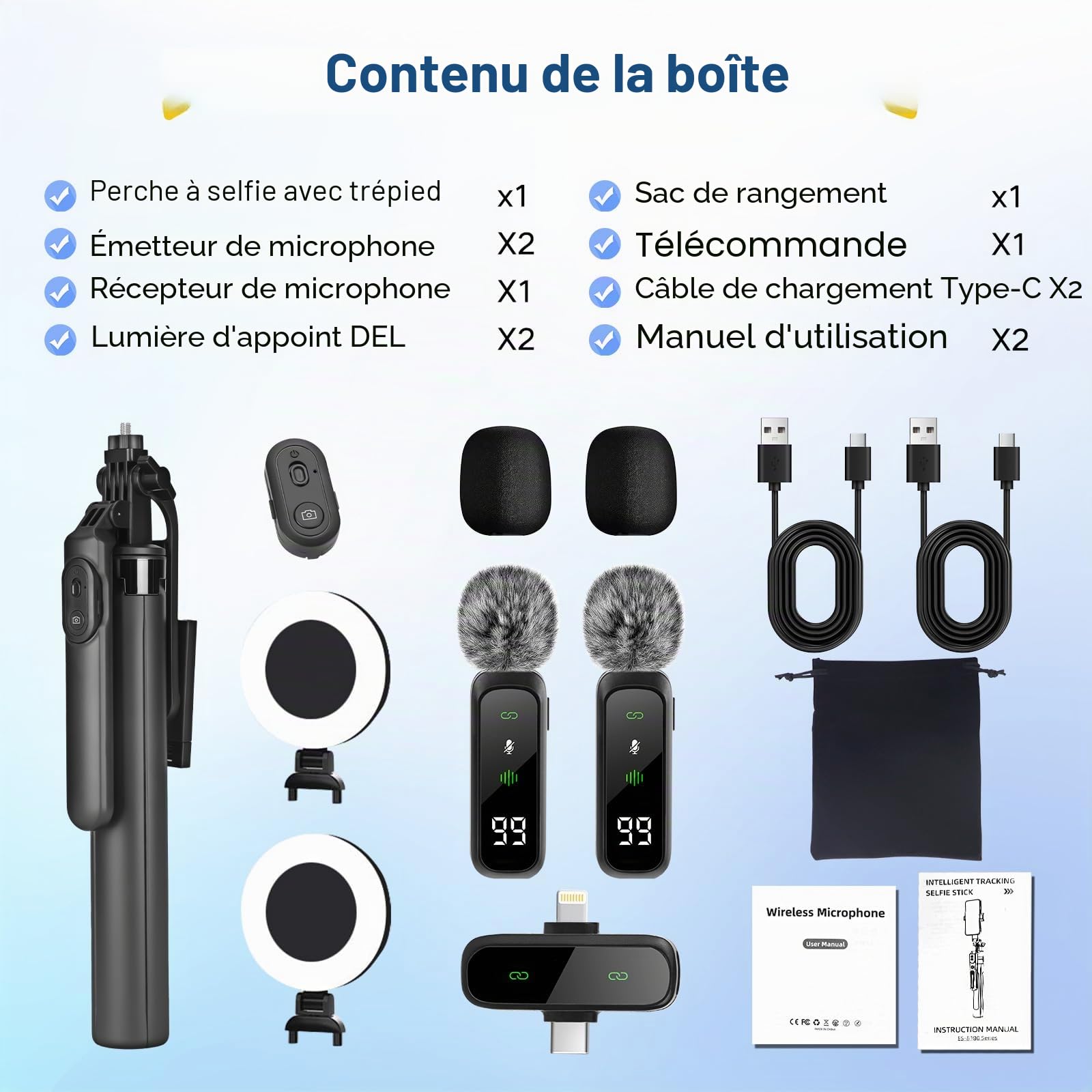 Kit de démarrage pour créateur de contenu, kit de vlogging pour iPhone/Android, trépied pour smartphone de 180 cm avec 2 lampes de remplissage et microphone sans fil, kit de démarrage pour selfie