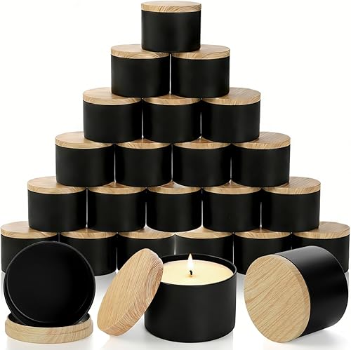 Paquete de 24 latas de velas de 8 onzas, recipiente de vela negro mate con tapas, tarros redondos de metal para hacer velas, recipiente de vela