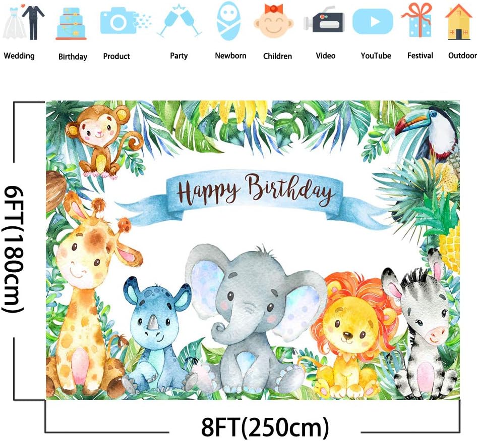 Mocsicka 8x6ft Safari Birthday Backdrop Jungle Safari Theme Background for Birthday Party Vinyl Safari Animals Birthday Backdrops for Boys (8x6ft)