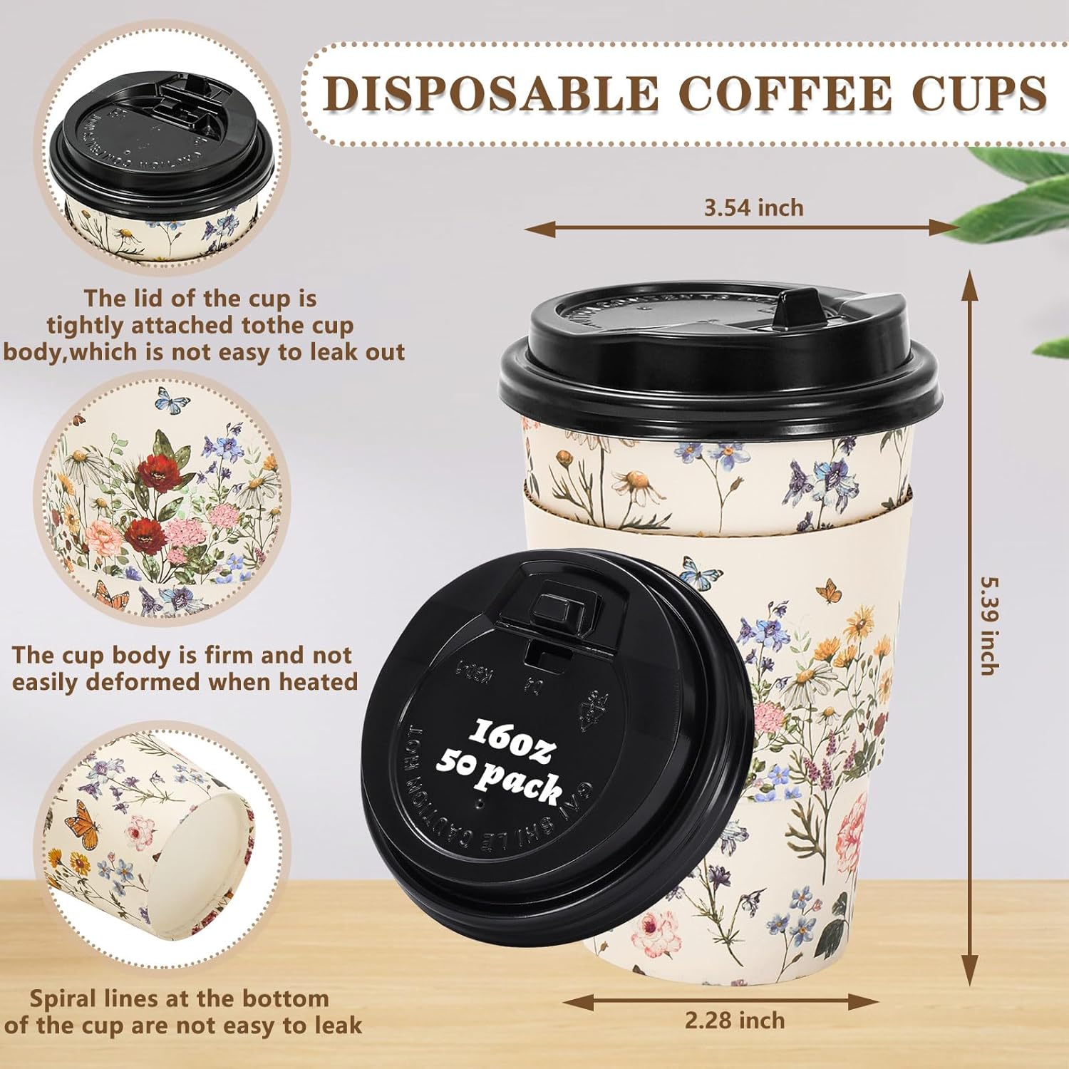 JarThenaAMCS 50 Sets Vintage Floral Coffee Cups with Lids and Sleeves 16oz Coffee Wildflower Paper Cups Disposable To Go Coffee Cups for Fall Cafes Shops Cappuccino Chocolate Beverage Cocoa - Image 2