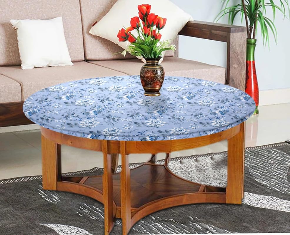 Image of The Furnishing Tree Elastic Cotton Round Center Table Cover 18x18 in Inches Floral White Rose on Blue Base