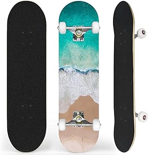Complete Skateboard with Aerial top Shot Beach Nice Sand Blue Turquoise Water Tropical Vibe Beginner Skateboard 7-Layer Maple Wood Double Kick Concave Skateboards for Kids, Adults, Teens 31" x 8"