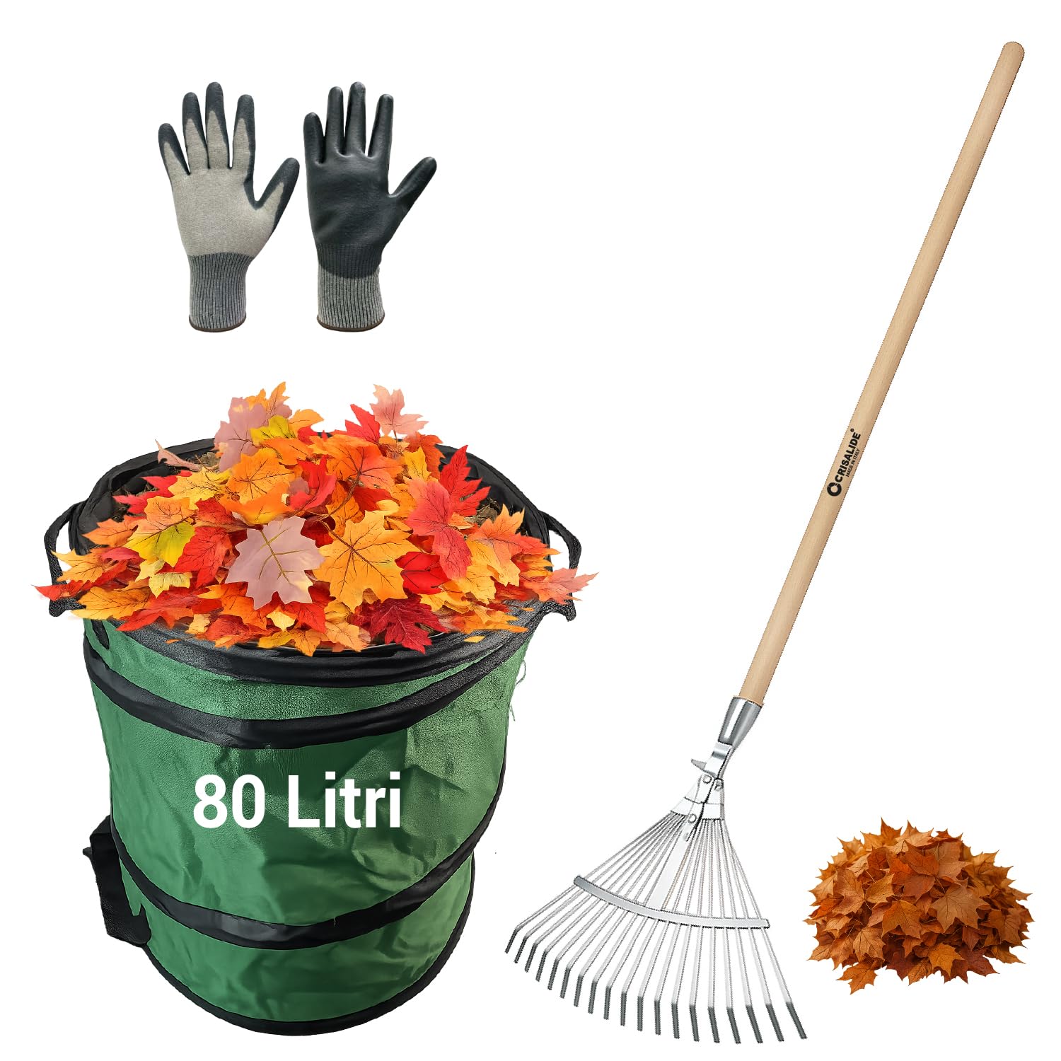 Crisalide® Kit de limpieza de jardín con saco recogedor de hojas de 80 l, rastrillo de 22 dientes ajustable con mango de 150 cm y guantes, juego para hojas, hierba, poda y residuos de exterior