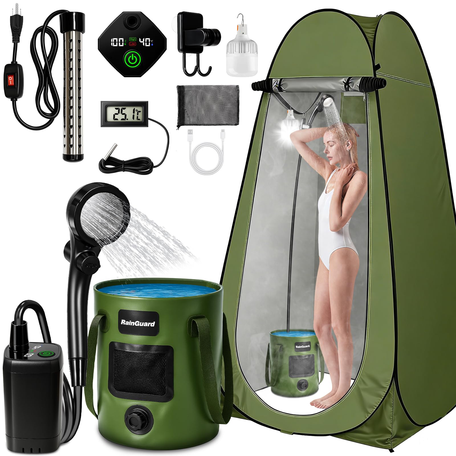 Photo 1 of ***SEE NOTES***Portable Shower with Heater, Pop Up Camping Shower Privacy Tent Kit with LED Lights, 6000mAh Rechargeable Shower Pump, 6.6 Gal Foldable Bucket, Outdoor Camp Shower Kit for Travel, Pet Bath, Car Wash
