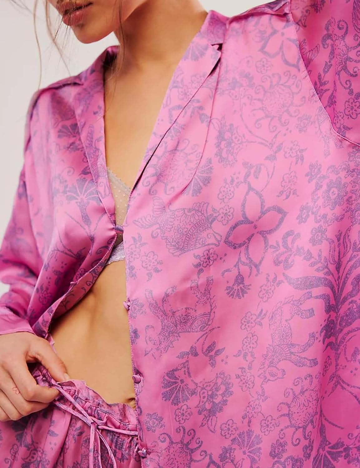 Yimoon Womens Satin Pajama Set Floral Silk Pajamas 2 Piece Cute Long Sleeve Button Down Pjs Sleepwear Lounge Set - Image 2