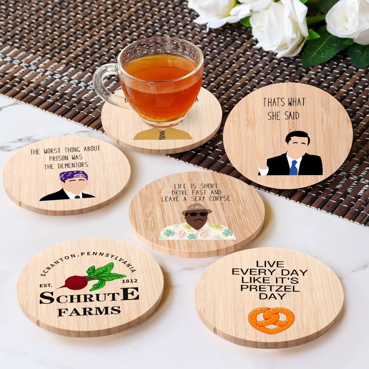 The Office Bamboo Wood Coasters Set of 6, Coasters for Drinks with Holder Housewarming Gift Kitchen Decor - Image 3