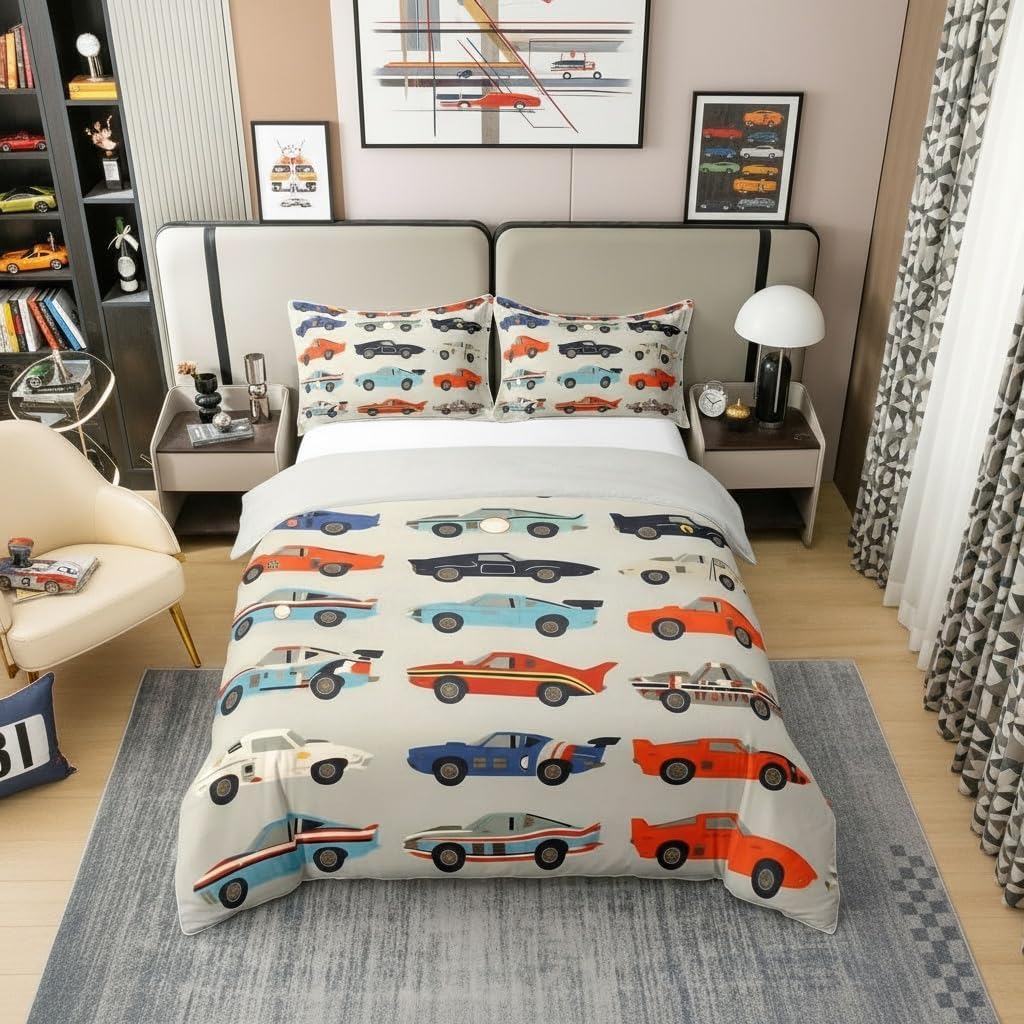 Vintage Race Cars Duvet Cover 100% Nature Cotton Full,Striped Patchwork Bedding Set for Kids Bedroom Decor,Retro Rail Transportation Print Quilt Set,Gray Comforter Cover 3 Piece(No Comforter)