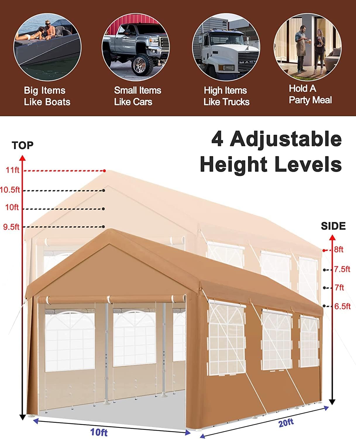 Diagram showing 4 adjustable height levels and dimensions of the carport