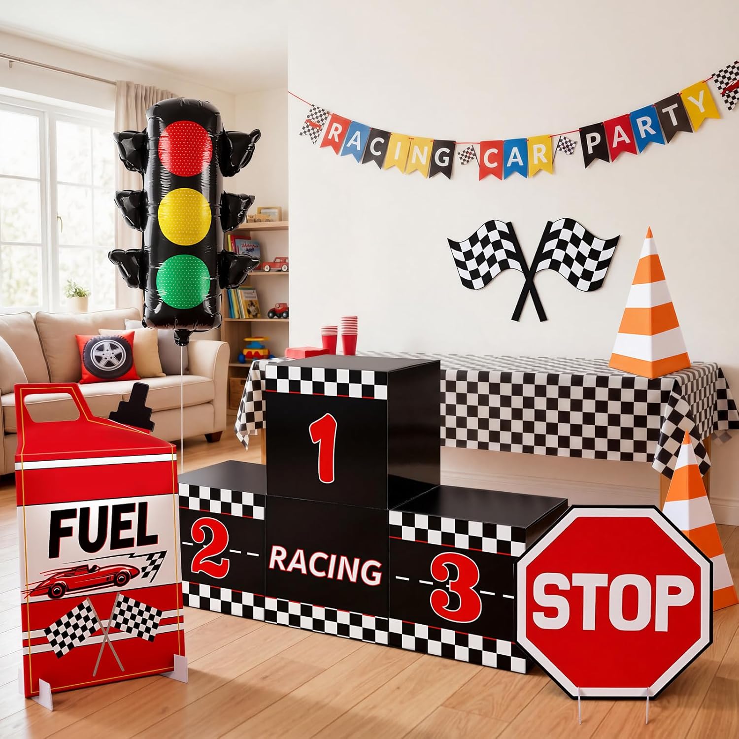 Shappy 10 Pcs Race Car Birthday Decoration Fast One Party Decor Birthday Balloon Racing Car Party Supply with Traffic Signal Balloon Race Boxes Orange Traffic Cone Checkered Flag Fuel Can Stop Sign
