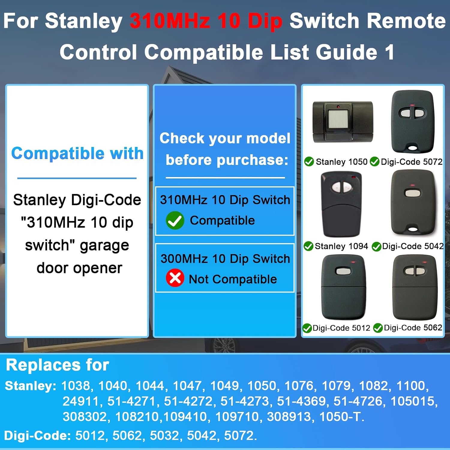 2-Pack Garage Door Opener Remote for Stanley 310MHz 10 Dip Switch 1050. | Compatible with Stanley Remote Control 1050, 1082, 105015, 109410 - Digi-Code 5012, 5062, 5032, 5042, 5072 Gate Transmitter