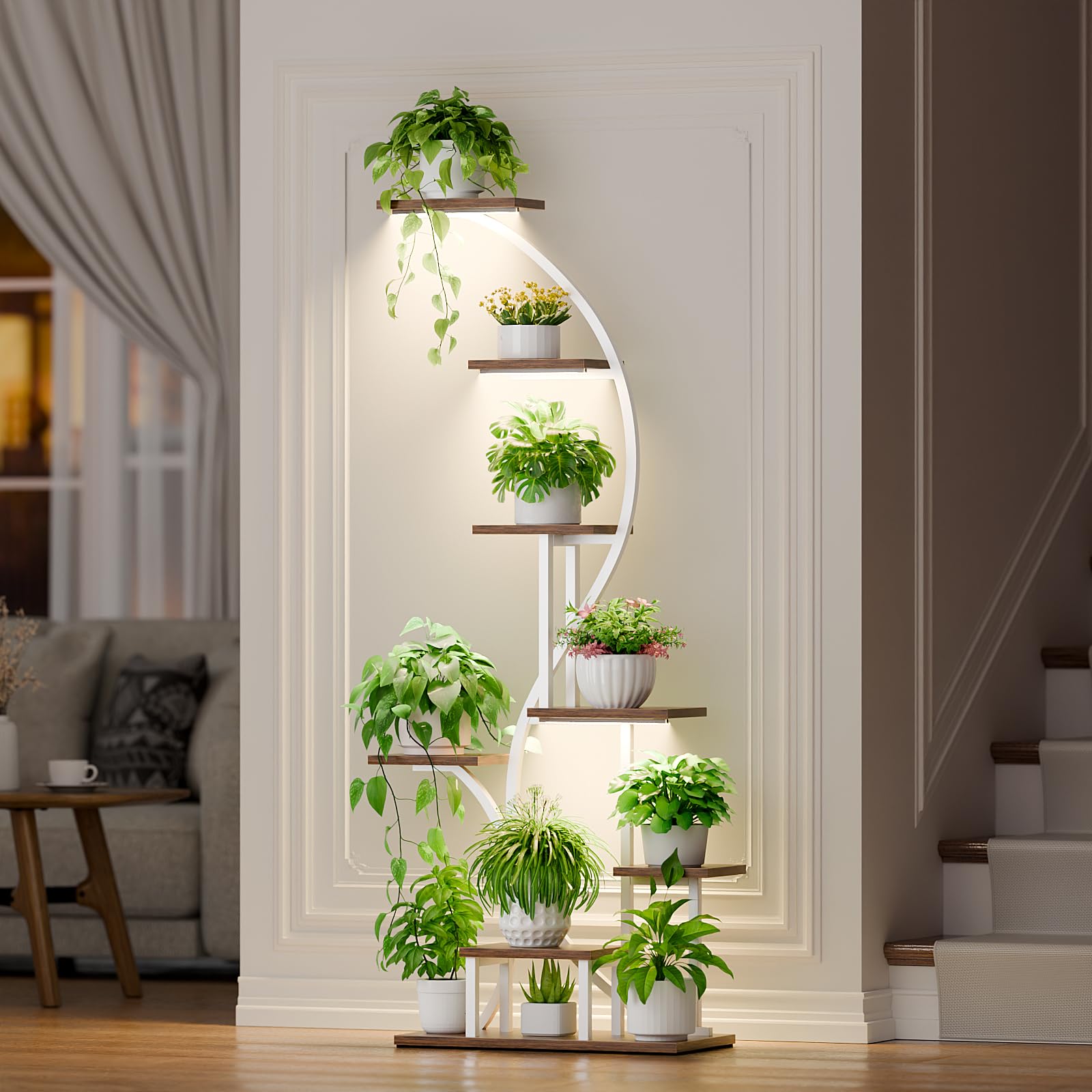 Pflanzenregal mit Wachstumslicht - 8 Ebenen Großes Blumenständer 165cm Metall Holz Pflanzenständer - Innen & Außen Blumentreppe - Dekoratives Schwarz Eck-Blumenregal für Indoor Garten Balkon Weiß