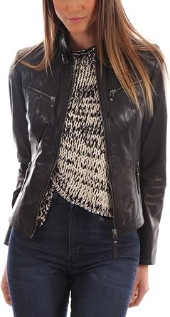 Womens Genuine Gaezy Black Lambskin Leather Jacket, Biker Jacket