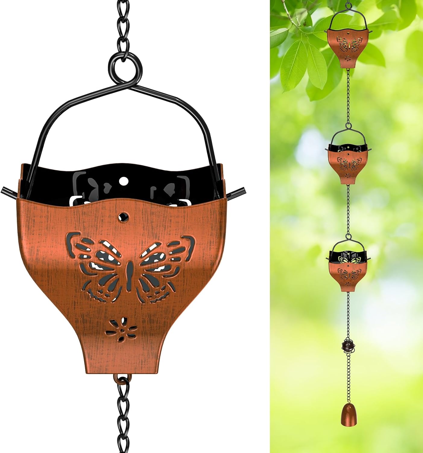 7.78ft Rain Chains for Outside, 8 Cups Copper Plated Lotus Rain Chain Cups, Adjustable Rain Catcher Chain with Bell for Eaves Drainage, Replacement for Downspout (Butterfly+Retro Copper)