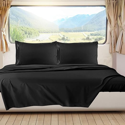 Nestl Black Short Queen Sheets for RV, Hotel Luxury RV Queen Sheets Set, 6 Piece Fitted Bed Sheet Set and Pillowcases, Super Soft, Wrinkle-Free, and Breathable Camper Bedding