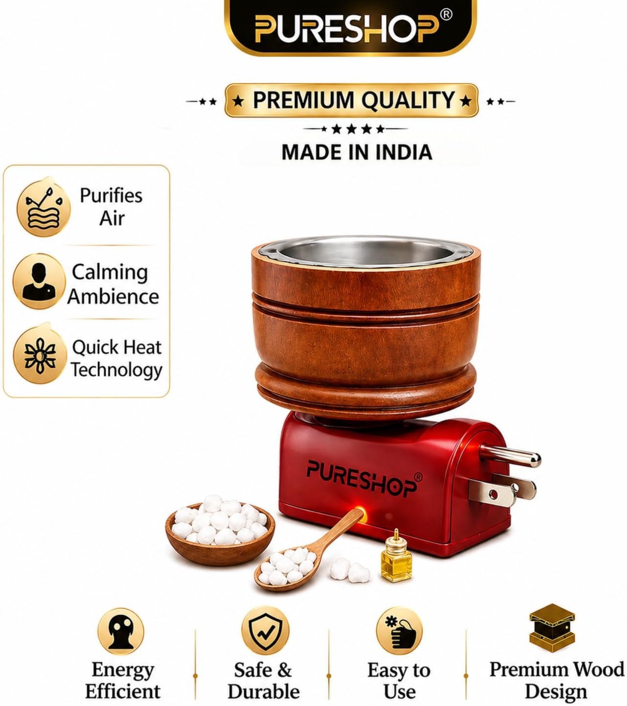 Wax Melt Warmer | Electric Camphor Diffuser | 2-in-1 Essential Oil Burner & Fragrance Melter | Decorative Wooden Kapoor Dani | Direct Plug-in Incense Heater with Type B USA Plug