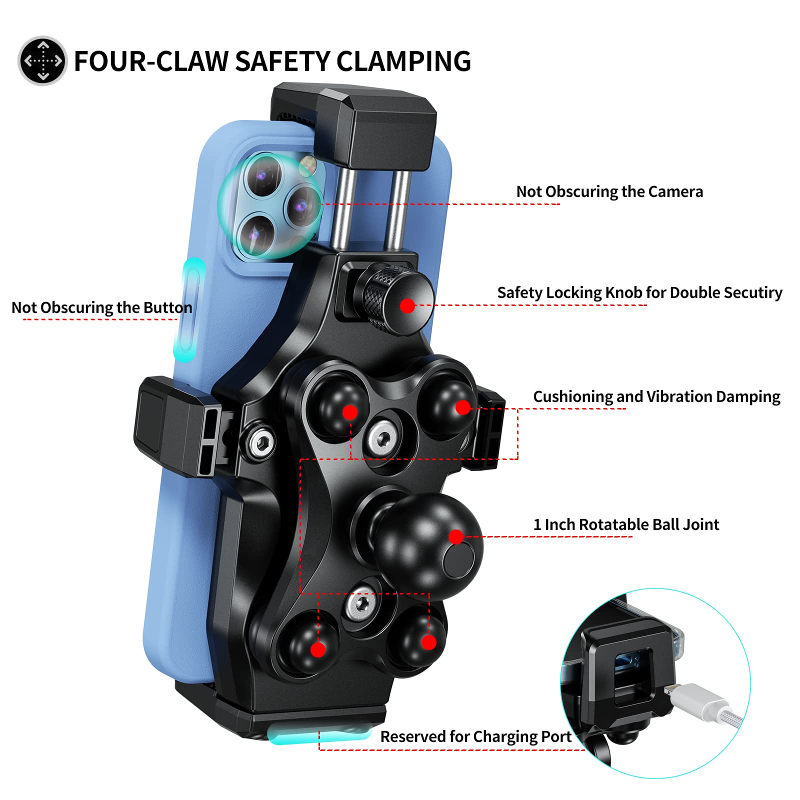 iMESTOU Supporto per Telefono per Forcella da Moto, Anti-vibrazione, con 2,5 cm/1" Doppio Braccio Antifurto e Base per Forcella, Adatto per BMW Yamaha Moto, Adatto per Cellulari da 4,7"-7,2"