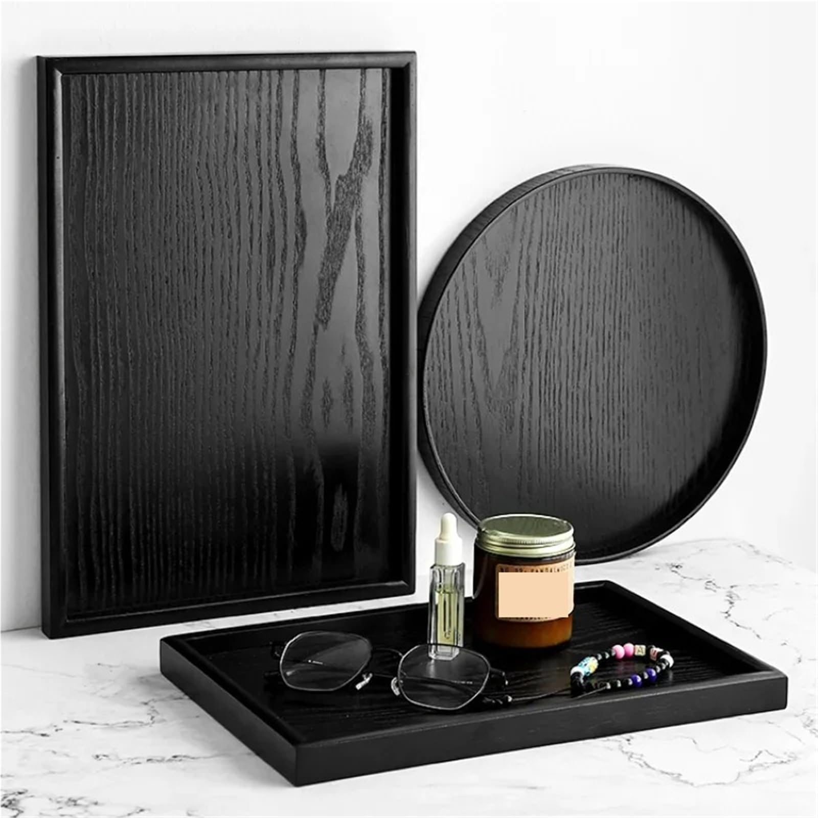 Bandeja para Servir té de Madera Maciza Negra, Bandeja para Servir postres y té de la Tarde, Bandeja Retro para Juego de té (Redonda, 27 x 27 x 2 cm)