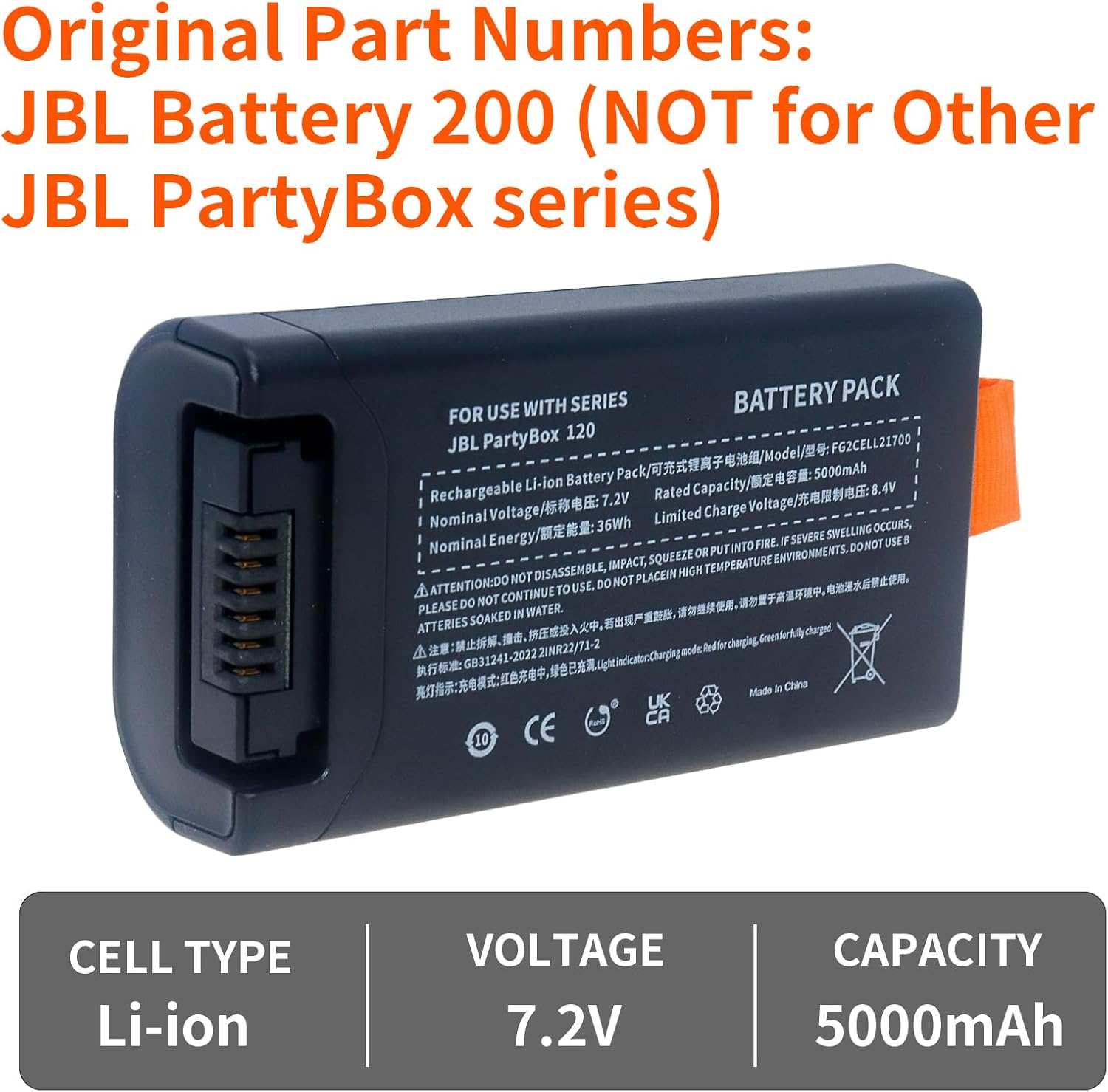 Battery Replacement for JBL PartyBox Club 120 Portable Speaker, Original Part Numbers:200 5000mAh 7.2V(NOT for Other JBL PartyBox Series) - Image 5