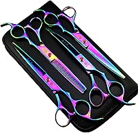 Vista 9 de Purple Dragon Juego de tijeras profesionales de 7.0 pulgadas, 4 piezas, para aseo de mascotas, acero de primera calidad, rectas, curvadas