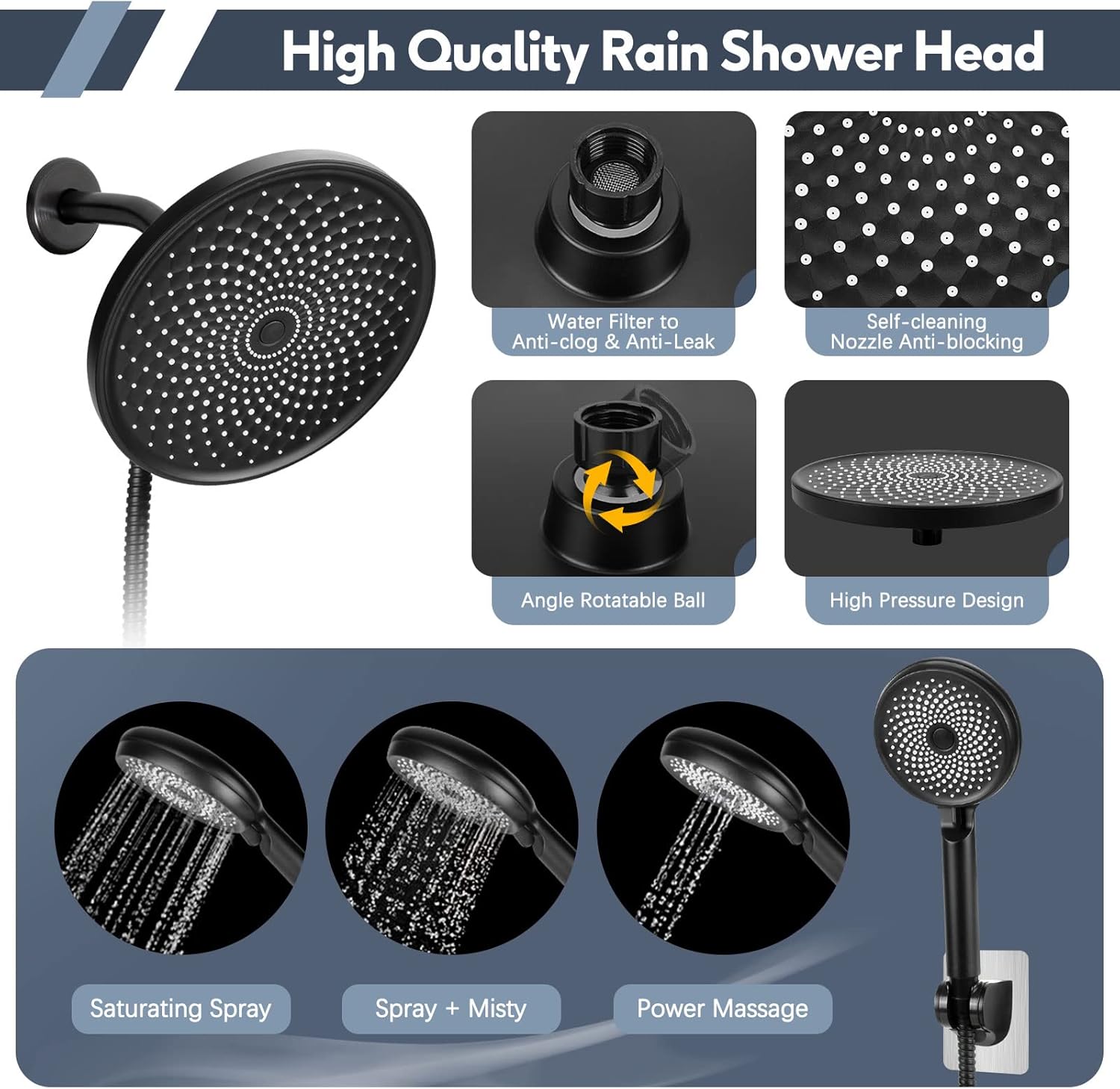 Rain Shower Head with Handheld Spray, Lanhado 8.5'' Matte Black Shower Head with hose, 3 Setting High Pressure Shower Heads, Anti-leak Rainfall Shower Head with Holder, Waterfall Showerhead, Chrome - 