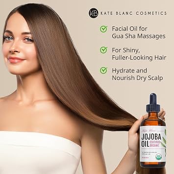 Kate Blanc Cosmetics Organic Jojoba Oil for Hair, Skin, Face, Nails (2oz) | USDA Certified, 100% Pure Cold Pressed Unrefined - Moisturizing Carrier Oil for Gua Sha, Dermaplaning, Body - Glass Bottle