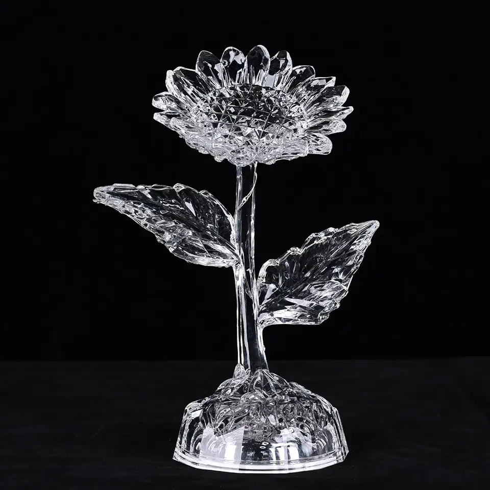 LCCCK Estatueta de flor de girassol de acrílico transparente com escultura de flor de acrílico claro estátua floral iluminada por LED para decoração de casa, sala de estar, quarto, prateleira, mesa