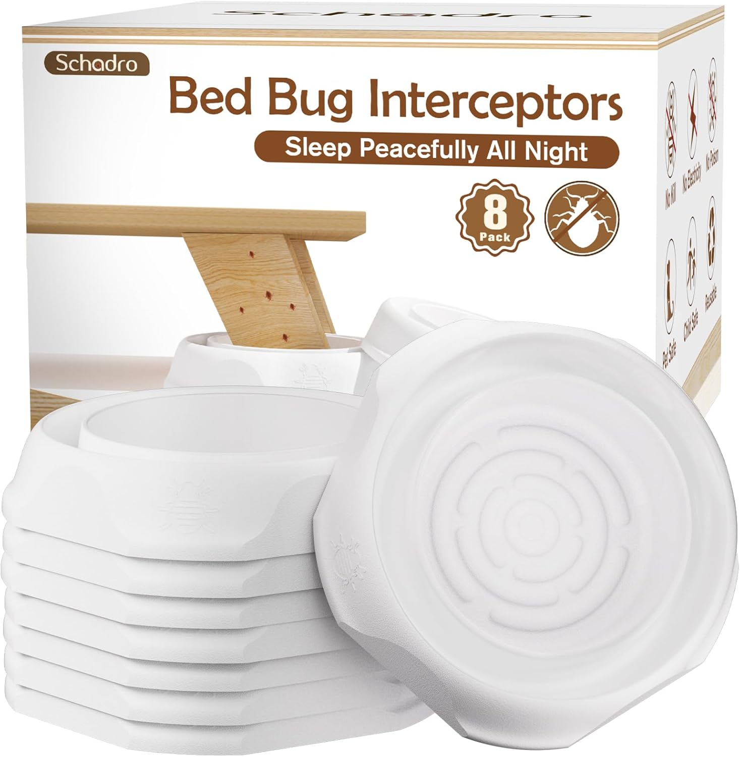 Bed Bug Interceptors, 8 Pack Bed Bug Traps, Insect Detector for Bed, Sofa & All Furniture, 24/7 Monitor, 360° Protection for Your Family's Peaceful Sleep, White