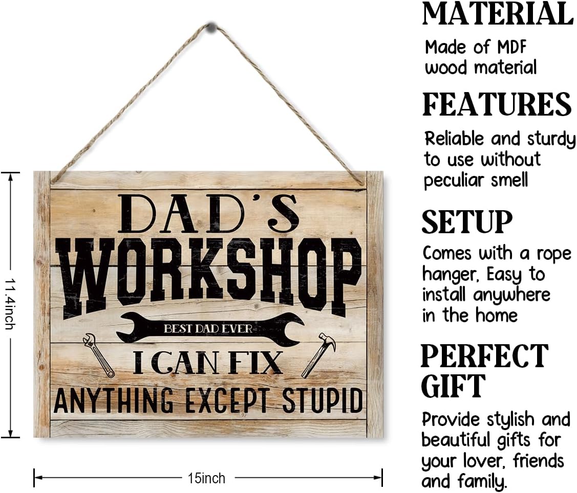 Hanging Workshop Wall Sign, Funny Dad's Workshop Sign, I can Fix Anything Except Stupid Wood Sign, Printed Wood Wall Sign, Vintage Sign Gift for Grandpa, Gifts for Father's Day Christmas 15"X11.4" image 2