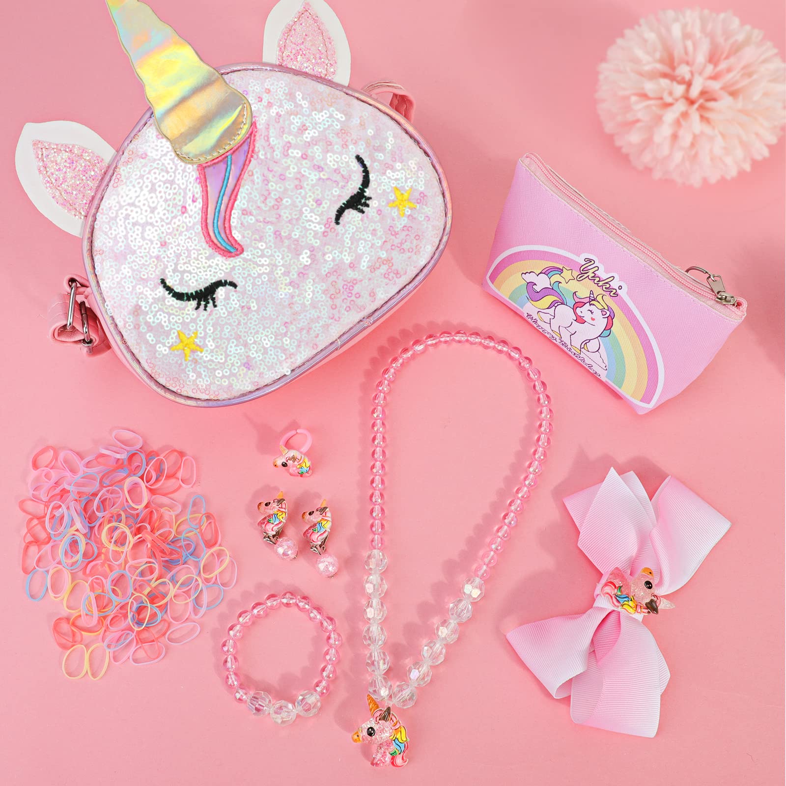 VGMANNTA Set De Joyas Unicornio Para Niñas – Bolso, Collar, Pulsera, Anillos Y Clips De Oreja – Regalo 4-8 Años Rosa03B