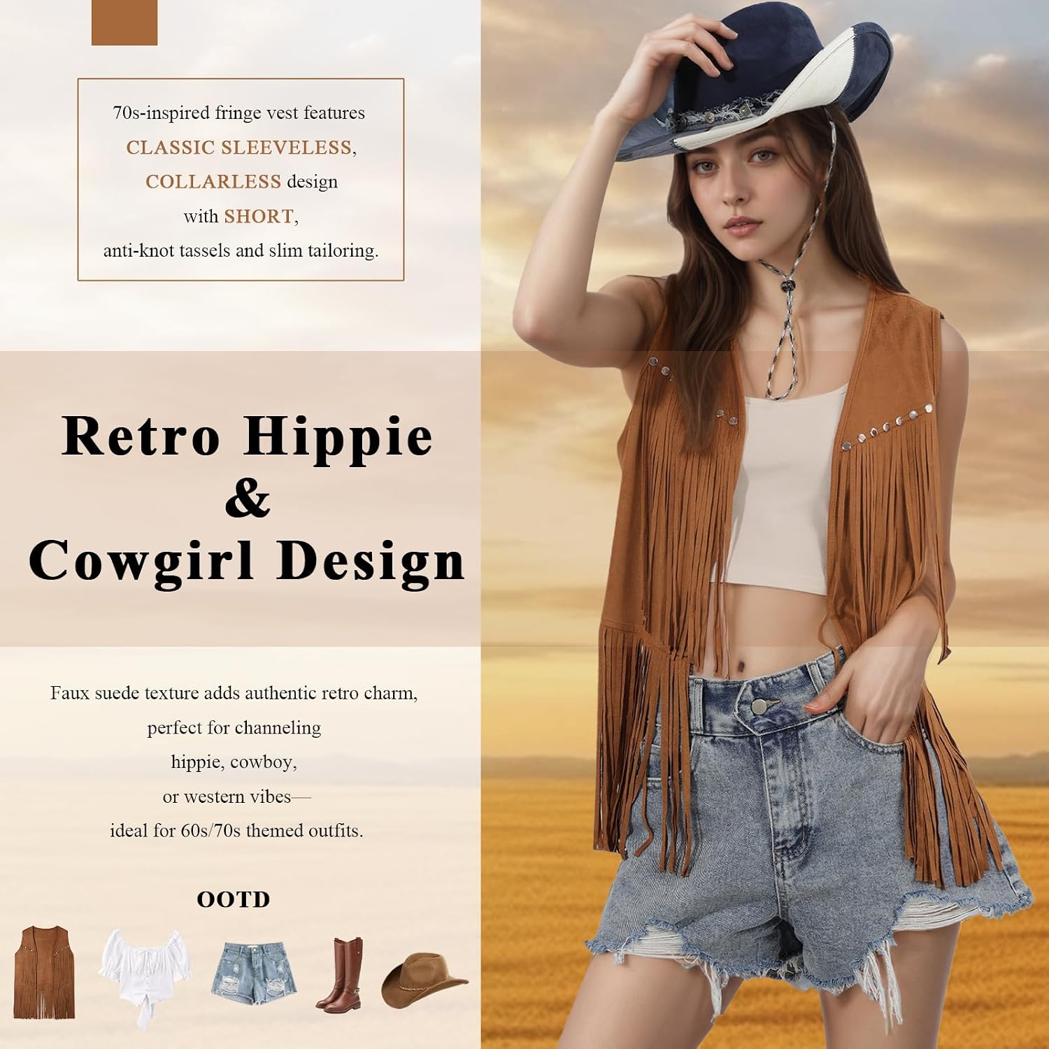 GOKTOW Cowboy Cowgirl Vest for Women Fringe Faux Suede Western Vest Tassel Tops Sleeveless Hippie 70s Light