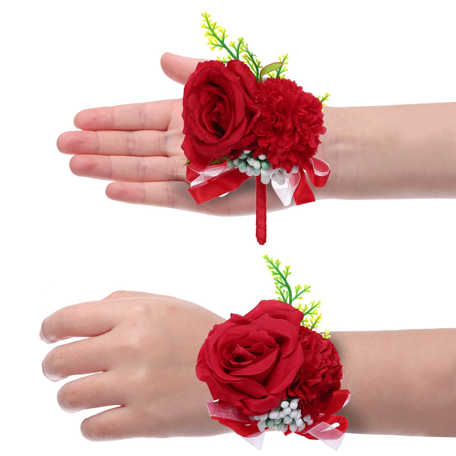 sourcing map Rose Flower Wrist Corsage and Boutonnieres Set, Bride Artificial Flower Bracelets Boutonnieres for Men for Wedding Ceremony Prom Party Anniversary, Red