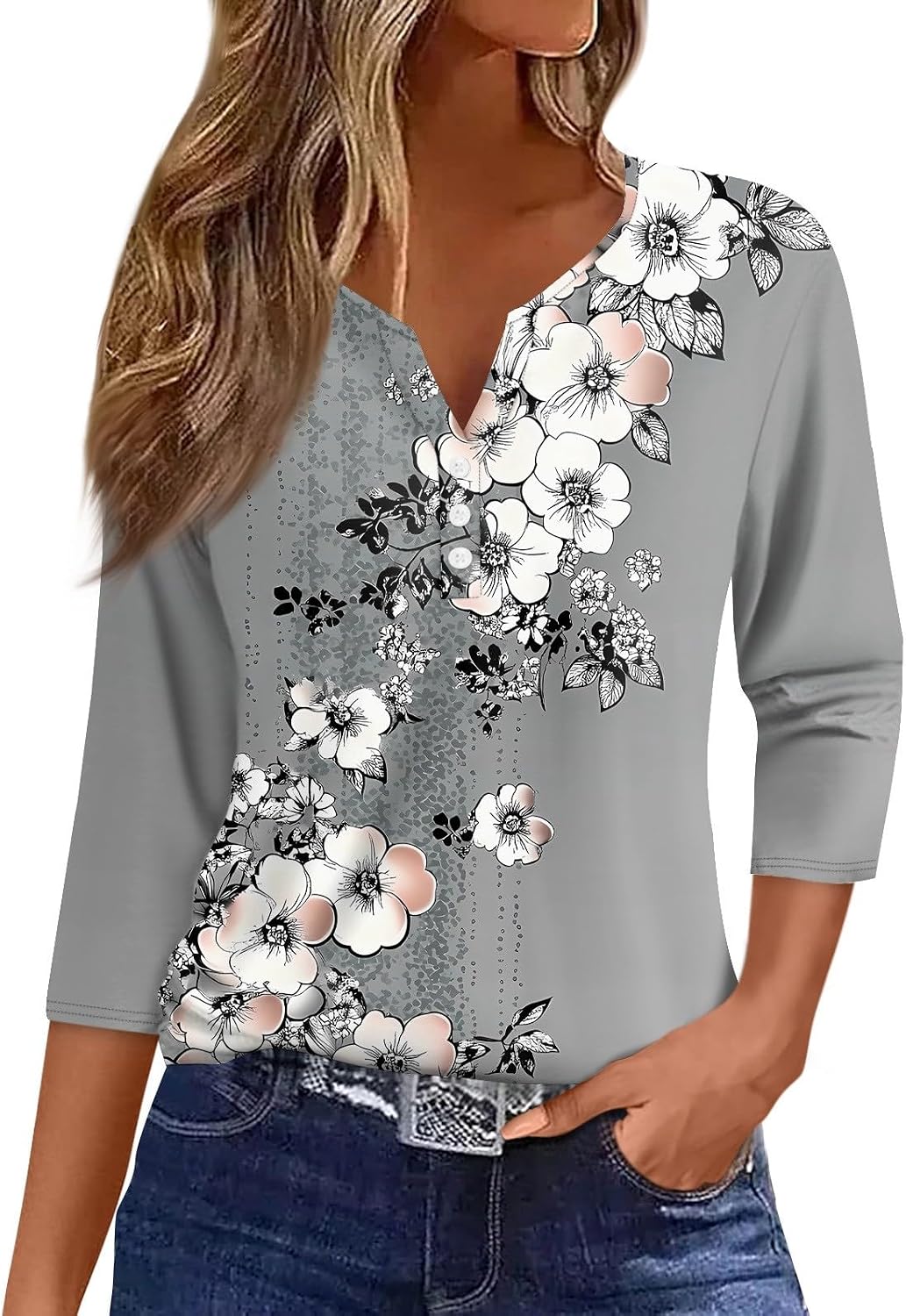 Womens Trendy 3/4 Sleeve Loose Tee Comfy Button Down Slim Daily Shirt V Neck Dressy Floral Print Tshirt