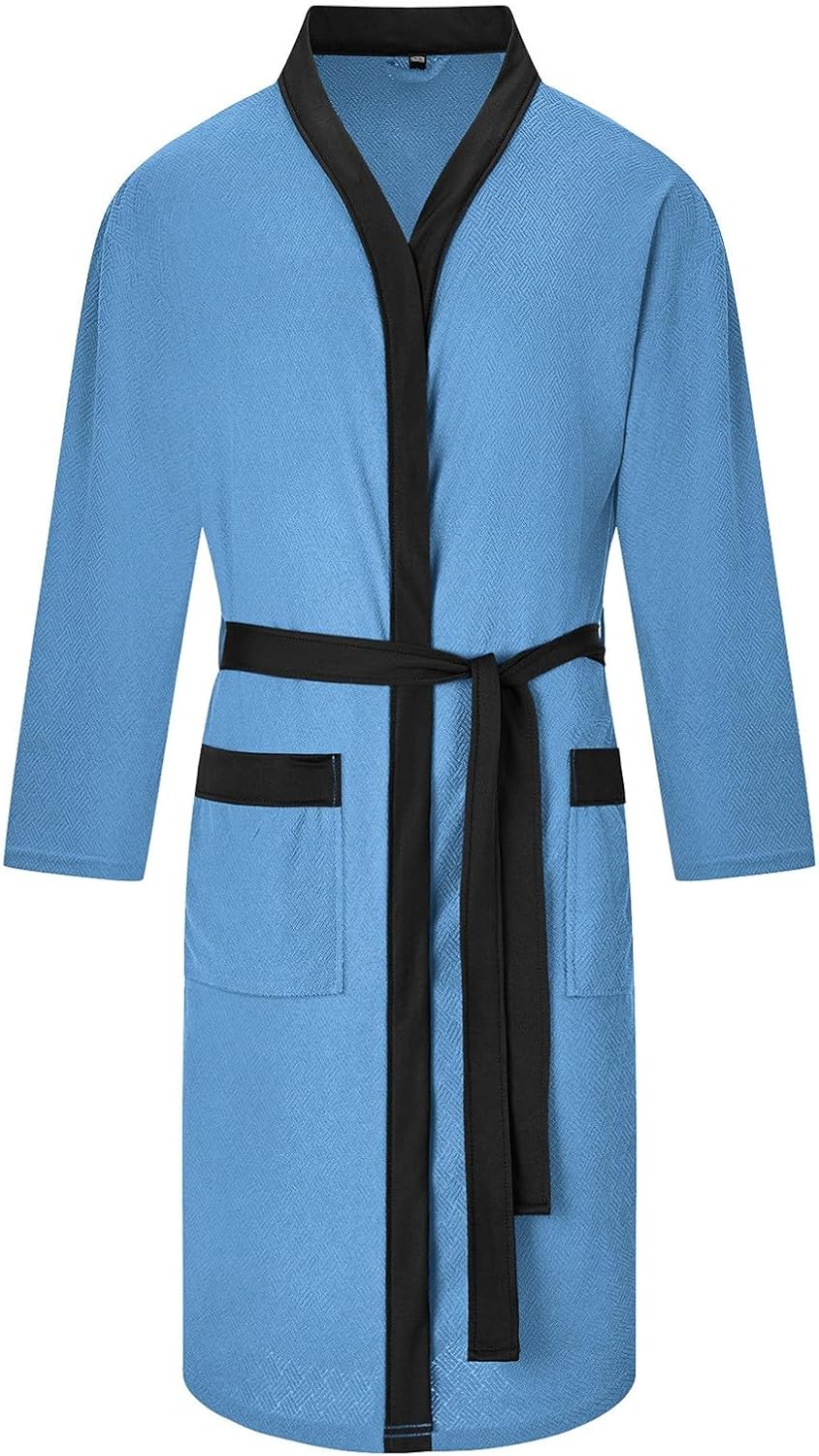 Men’s Textured Bathrobe, Long Sleeve Kimono Wrap Robe with Tie Belt and Dual Patch Pockets Soft Casual Sleepwear