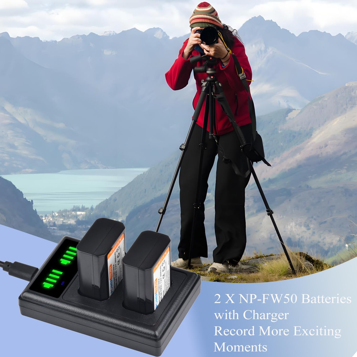 3-Pack NP-FW50 Battery and FW50 Dual USB Charger for Sony Alpha A6500, A6300, A6000, A7, A7II, A7SII, A7S, A7S2, A7R, A7R2, A7RII, A55, A5000 A5100, RX10, RX10II Camera