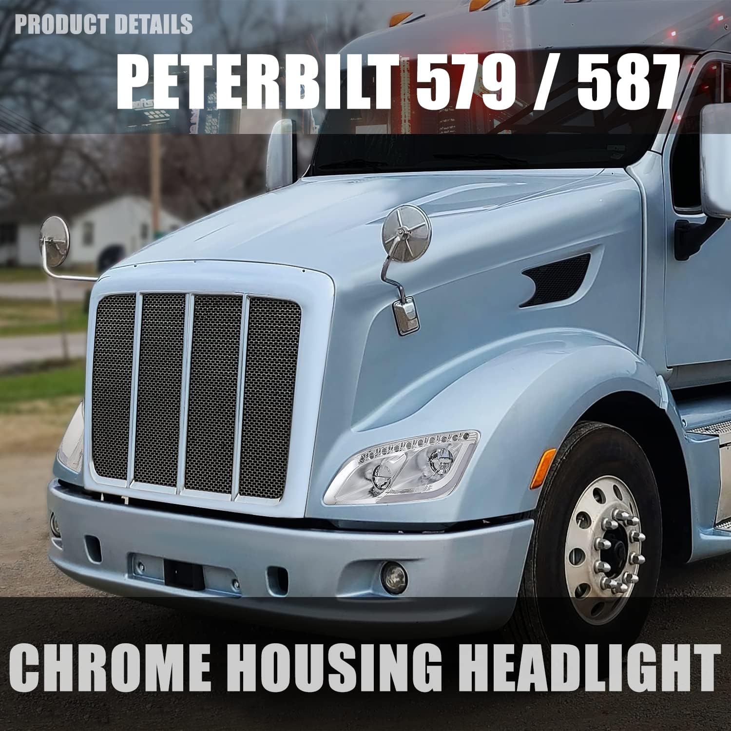 DNA MOTORING HL-HAY-032-CH Pair LED L-Type DRL Chasing Signal Headlights Compatible with 13-20 Peterbilt 579/11-18 587,Chrome Housing