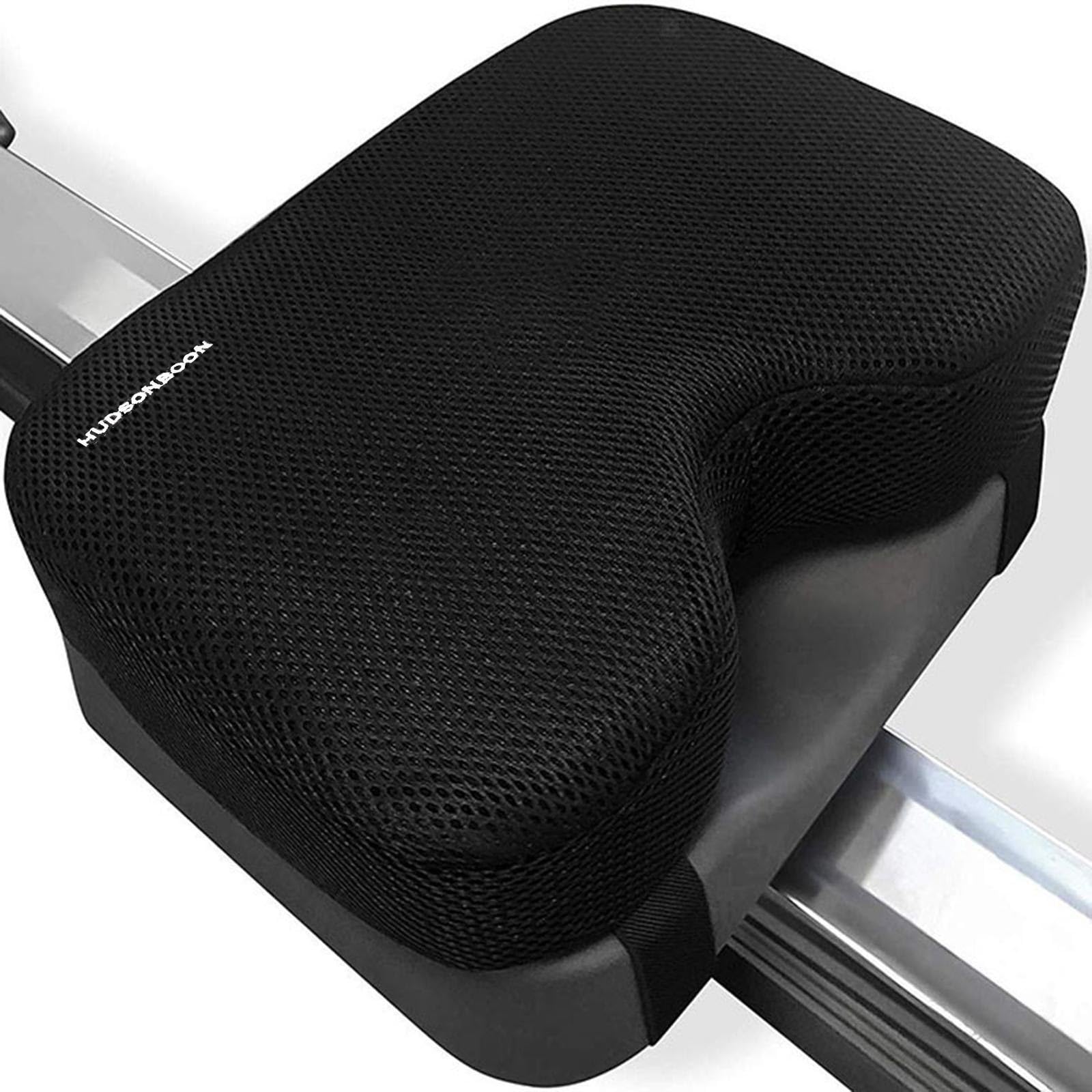 Hudsonboon Rowing Machine Seat Cushion - Black with White Embroidery Memory Padding - Complete with Mesh Cover- Anti-Slip Bottom with Straps