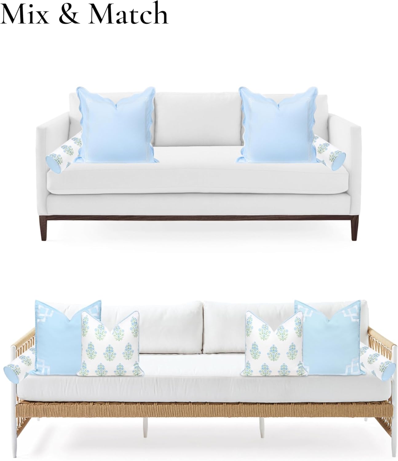 Hofdeco Premium Coastal Grandmillennial Patio Indoor Outdoor Bolster Pillow Cover Only, 6"x20" Water Repellent for Backyard, Couch, Poolside, Baby Blue Print Flower