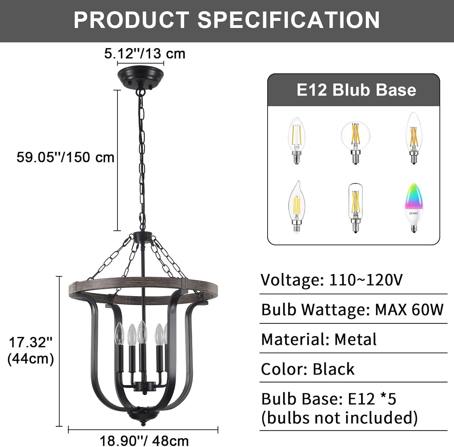 Farmhouse Chandeliers for Dining Room, 18.9” Black Kitchen Pendant Lighting Over Island Metal and Faux Wood Rustic Chandelier 5 Lights, Height Adjustable Foyer Lighting Fixtures