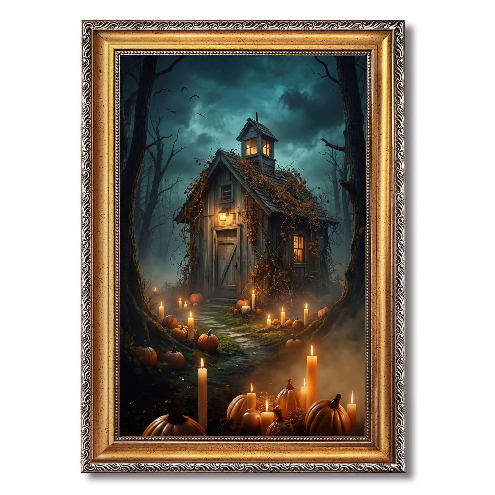 Cuadro decorativo de cabaña en el bosque místico con calabazas, impresión e