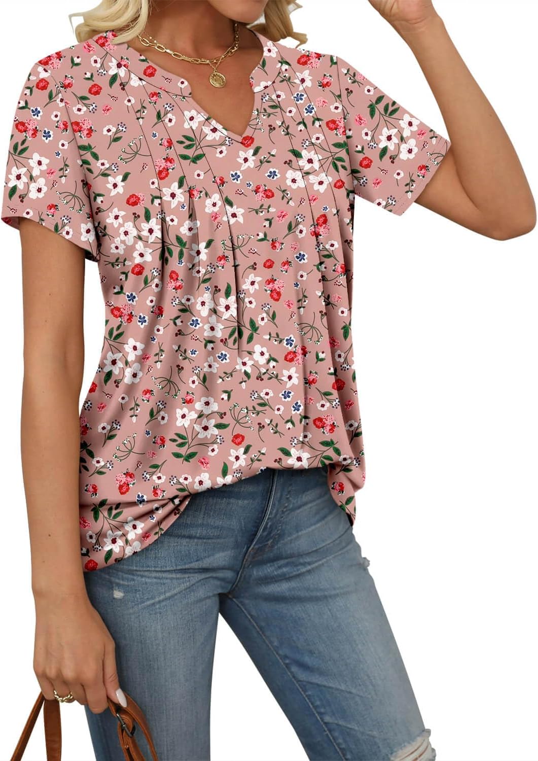 ONLYSHE Womens Short Sleeve Shirts Summer Floral Tunic Tops V Neck Blouse Loose Fit Shirts for Leggings - Image 3