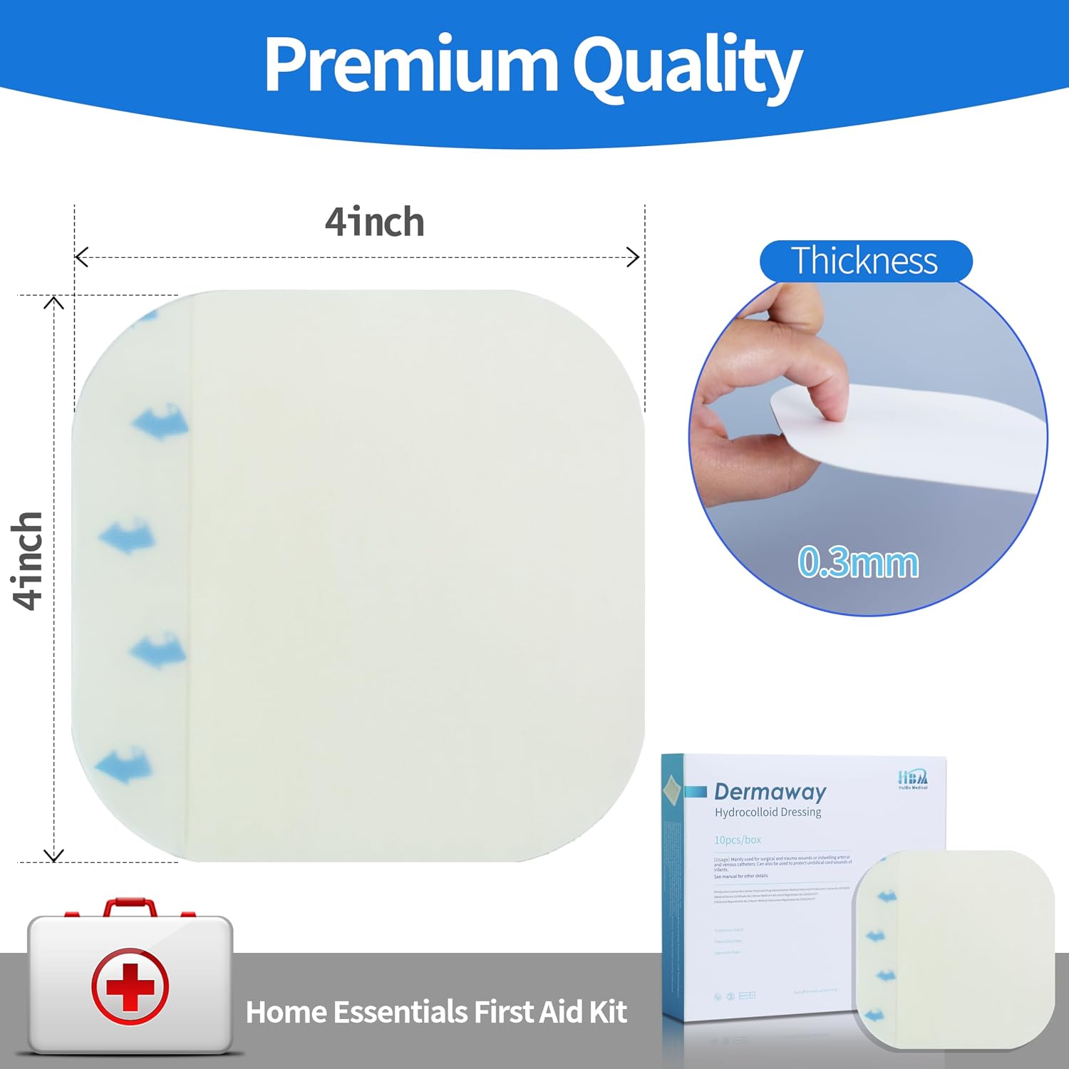 Hydrocolloid Dressing 4"x4", 10 Pack Thin & Waterproof Large Patch Bandages, Medical Grade Adhesive for Wound Care, Pressure Sores, Bedsores & Blisters, Super Absorbent for Fast Healing