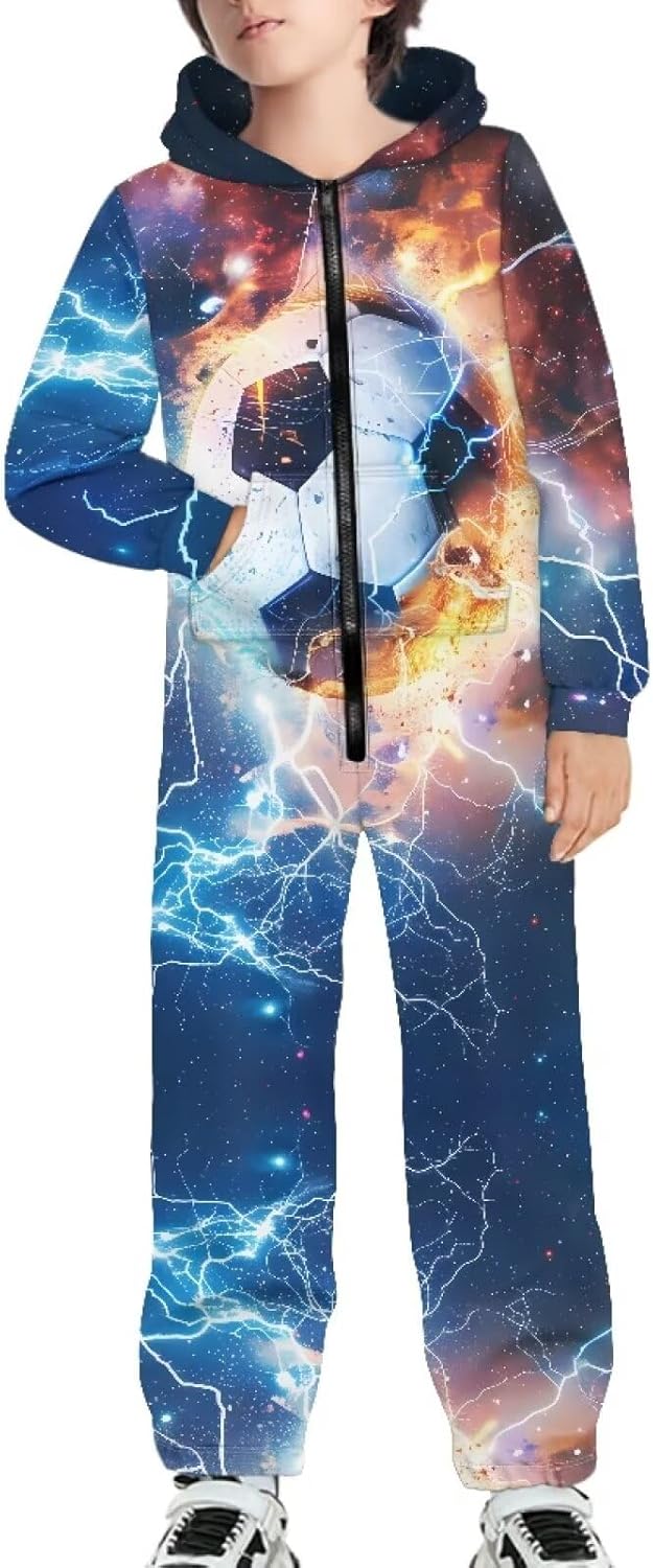 Biyejit Unisex Kids Jumpsuits Novelty Printed Zip Up Hoodie Onesie Rompers for Boys Girls 7-16 Years