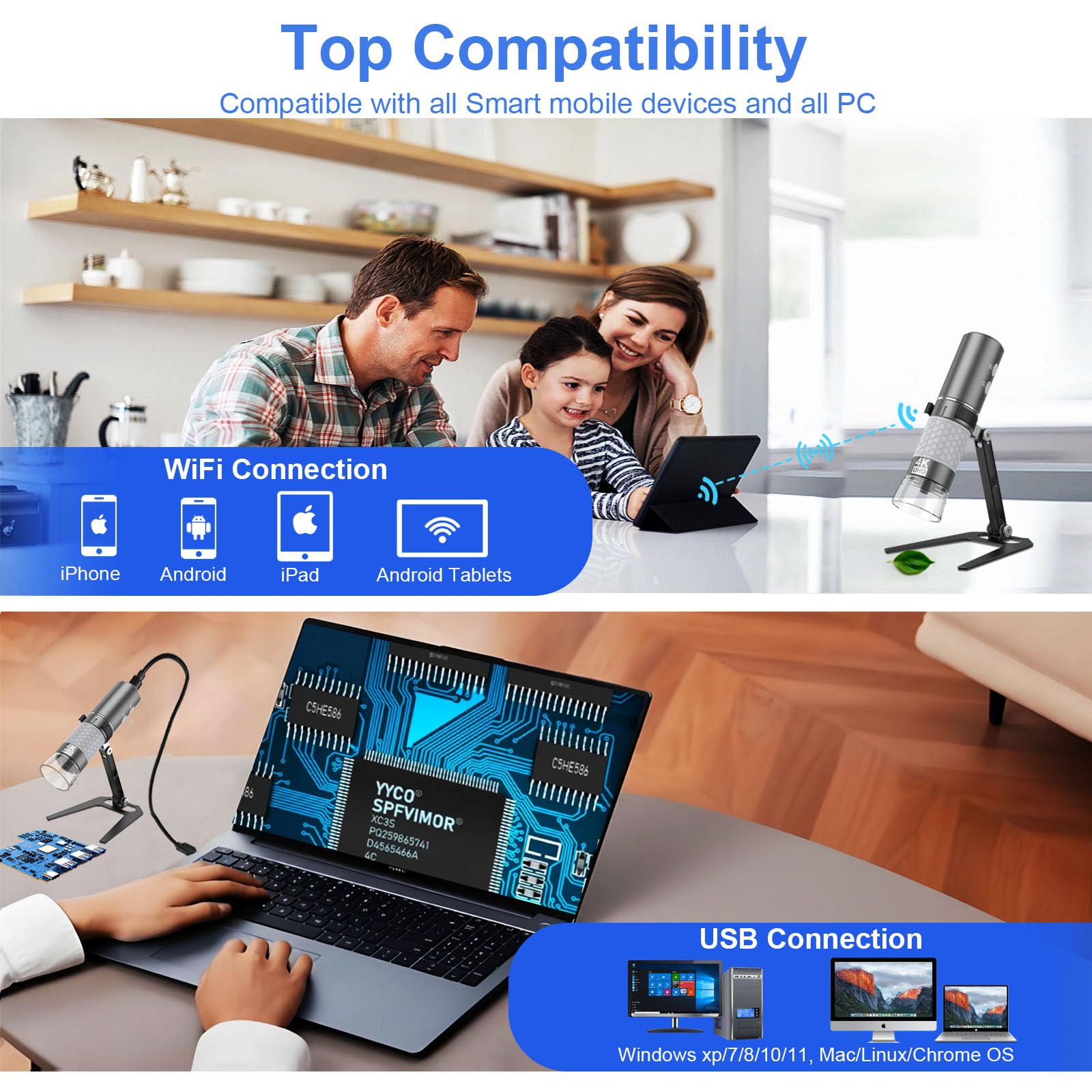 WiFi Digital Mikroskop, Kabelloses Tragbares Handmikroskop mit 4K-HD-Kamera, 50-1000X Vergrößerung, mit Verstellbarem Ständer, Kompatibel mit Smartphones, iPad, Mac und Windows-PCs